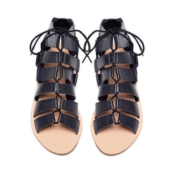 Loeffler Randall Skye Gladiator Sandals Lace Up Leather Black Flats Open toe 6 - Picture 2 of 14